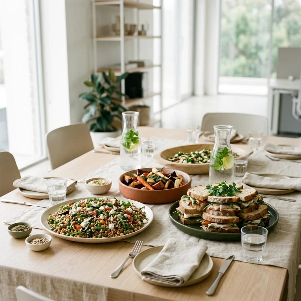 A working lunch table with grain salad, sandwich stacks, plates and glasses.
