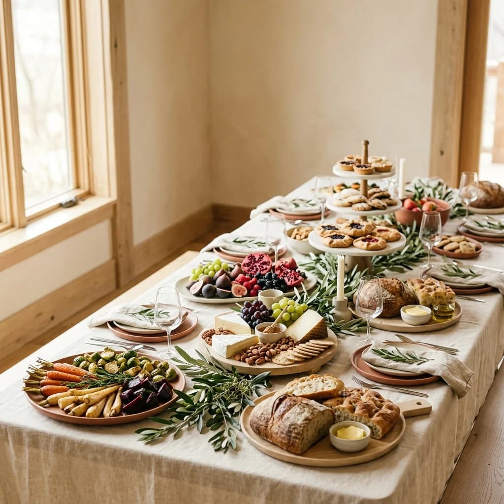 A long table laid with shared platters, boards, fruit and serving pieces.