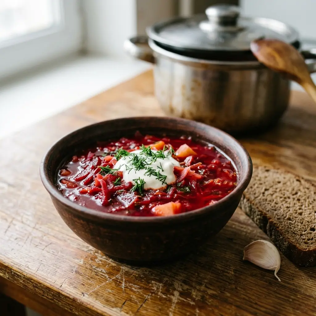 A bowl of red Ukrainian borscht with sour cream and dill on a wooden table, rye bread and a garlic clove beside it, a soup pot behind.