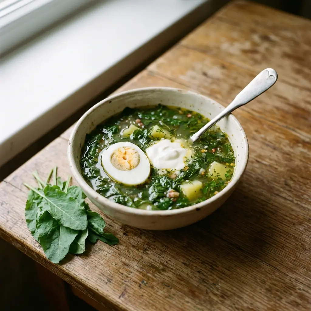 A bowl of green sorrel borscht with potato, half a boiled egg and sour cream, sorrel leaves beside it.