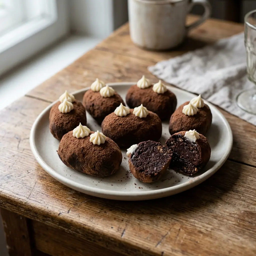 Small oblong cocoa-dusted cakes shaped like potatoes, each with two little swirls of pale cream on top, on a stoneware plate, one cake broken open to show a dense dark crumb, on a wooden table by a window