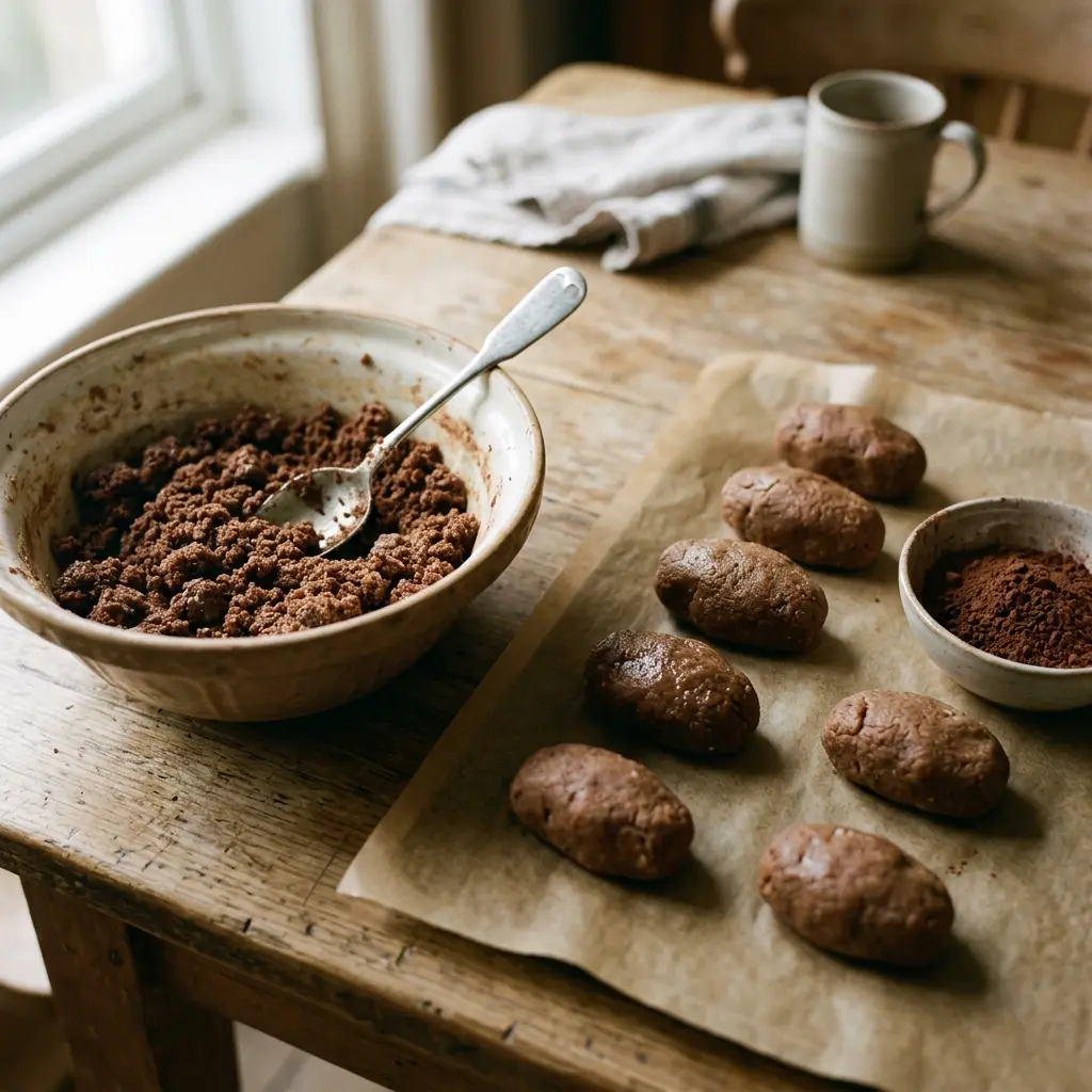 A bowl of crumb, butter and condensed milk mixture beside freshly shaped kartoshka cakes on baking paper and a bowl of cocoa.