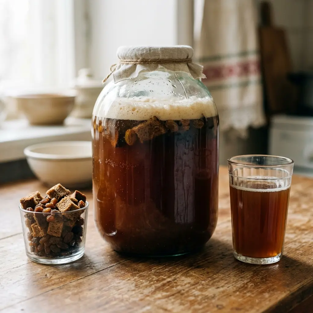 A large jar of homemade bread kvass with a light foam, a small jar of rye crusts and raisins and a glass of kvass on a wooden table.
