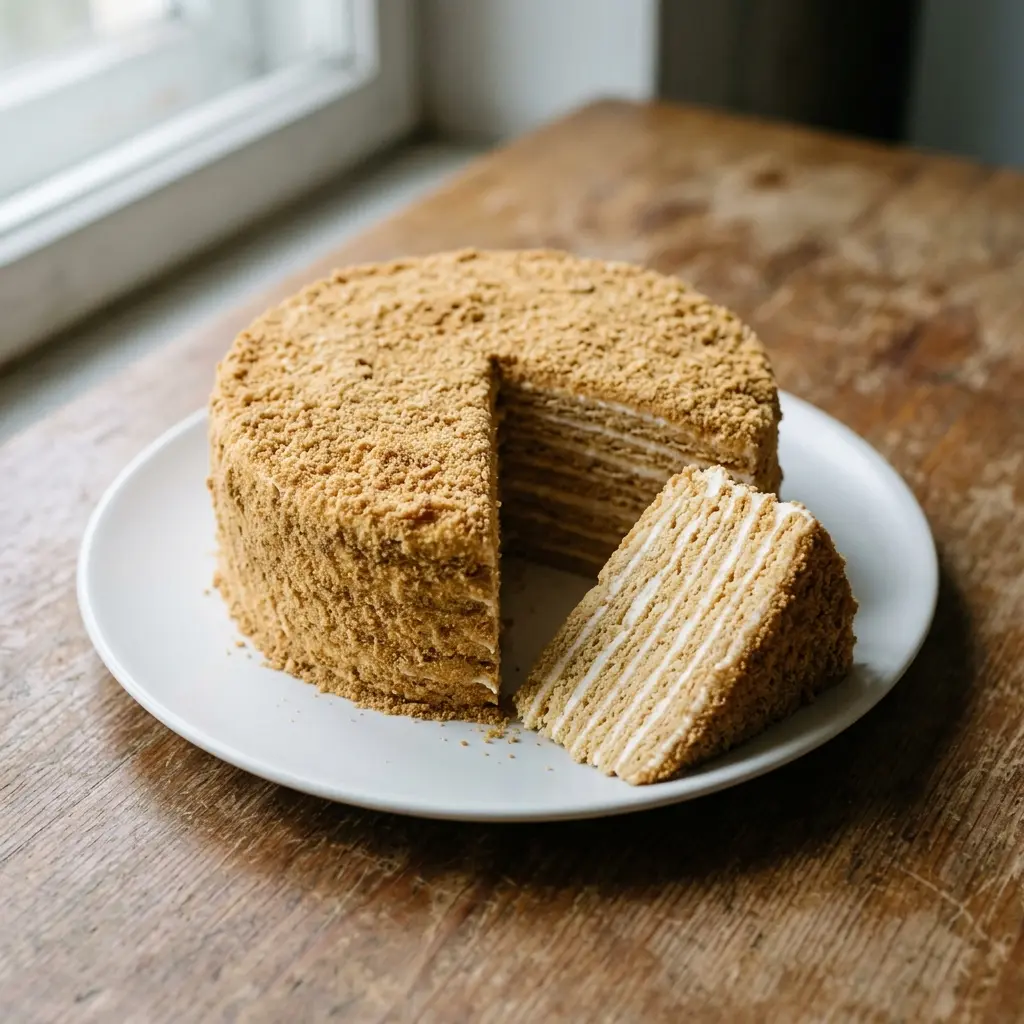 A round honey cake coated in pale golden crumbs on a white plate, one slice cut out and lying beside it to show thin honey layers and white cream, on a worn wooden table by a window