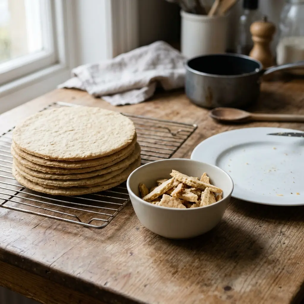 A stack of thin baked honey-cake layers on a cooling rack, trimmings in a bowl and a plate used as a cutting guide.