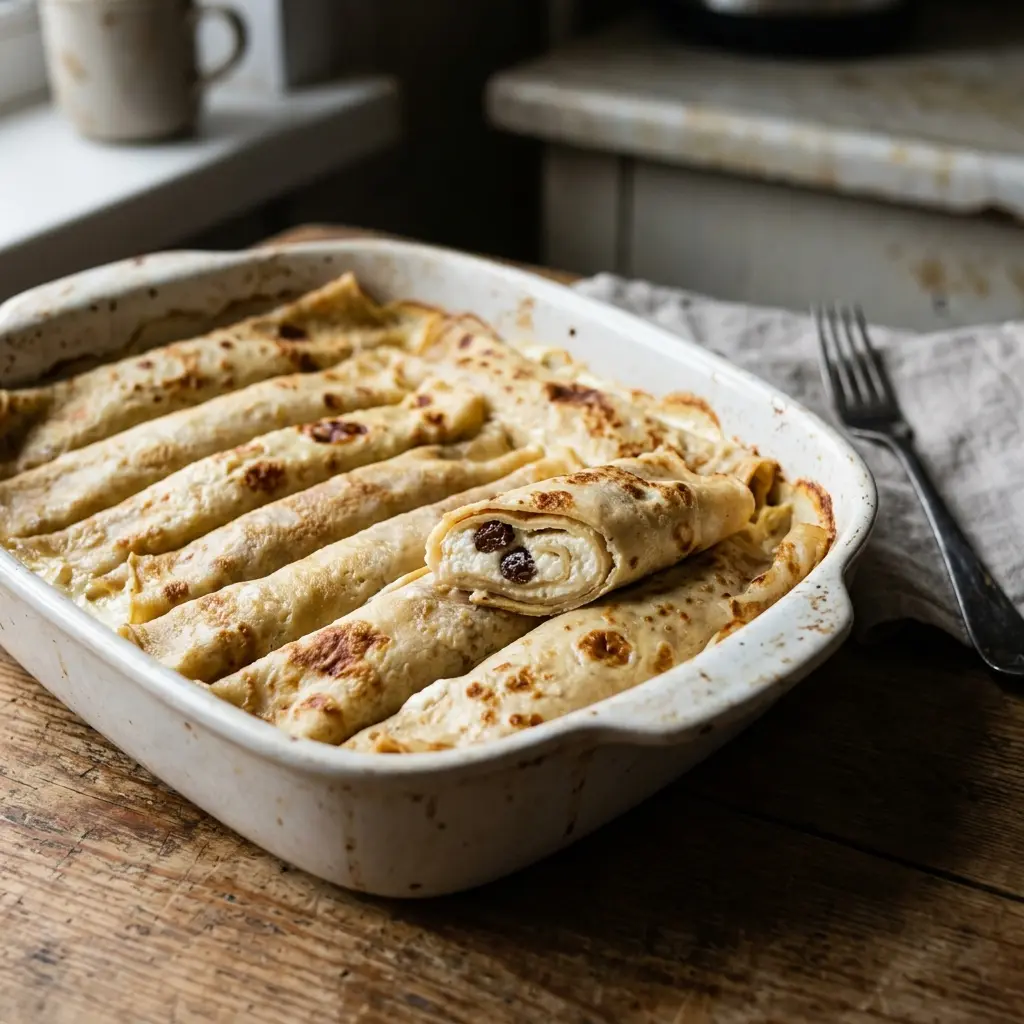 Thin crêpes rolled around a white cheese filling and baked side by side in a worn white baking dish, one roll cut open to show the filling with raisins, on a wooden table