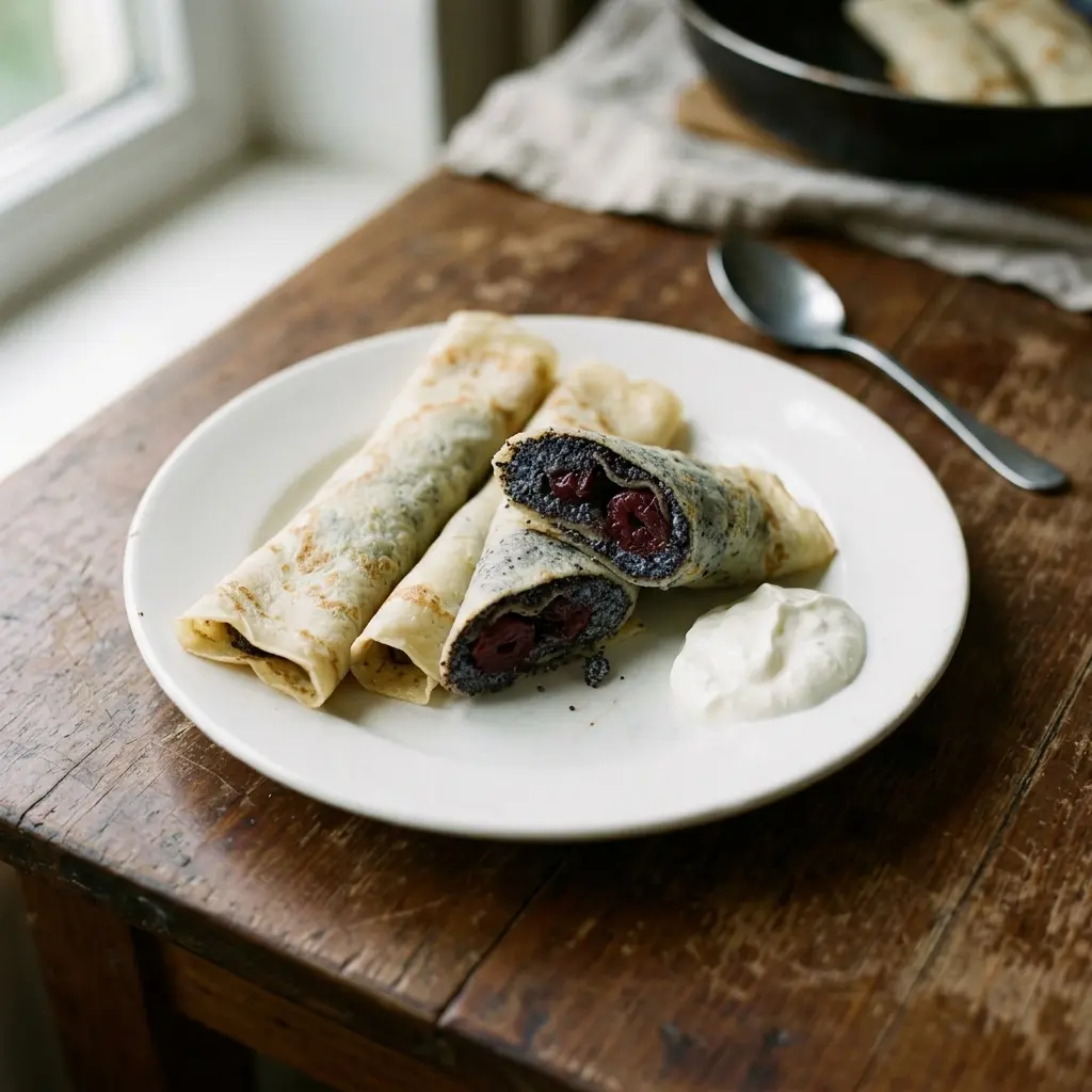 Rolled nalysnyky on a white plate, one cut open to show a poppy seed filling with sour cherries, sour cream beside them.