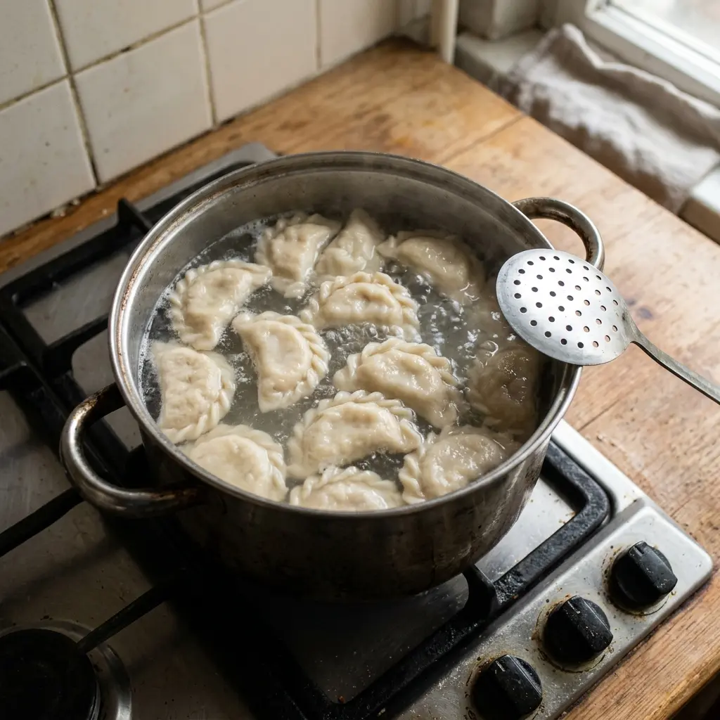 Half-moon varenyky with crimped edges floating in a pot of boiling water, a slotted spoon on the rim.