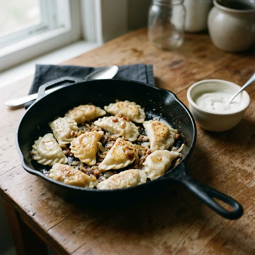 Boiled varenyky browning in butter with fried onion in a cast-iron skillet, sour cream on the side.