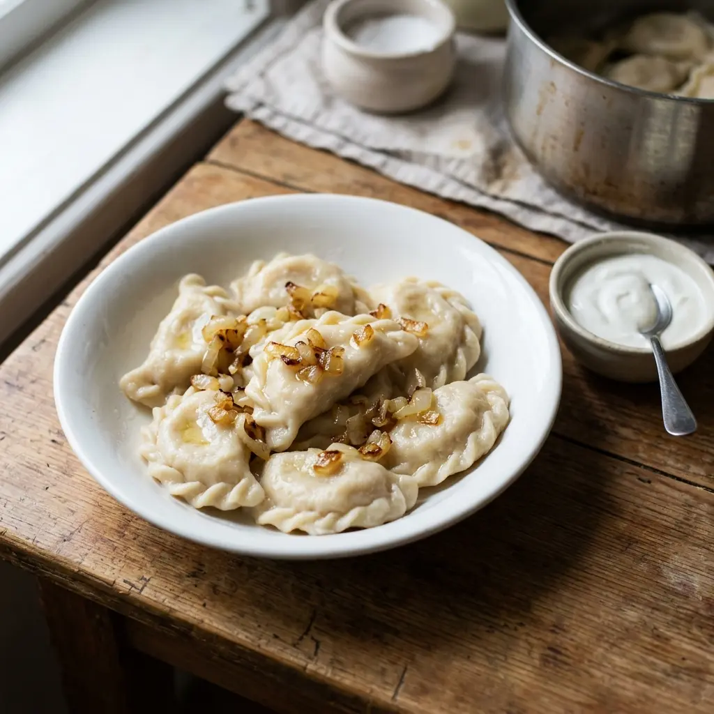 A white bowl of boiled half-moon varenyky with crimped edges, topped with golden fried onion, a small bowl of sour cream beside it on a wooden table.
