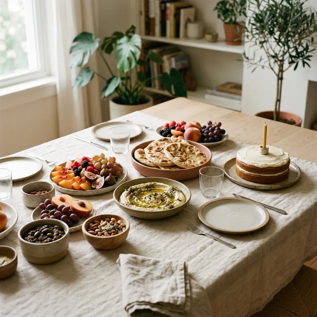 Una Mesa de Celebración con tablas de queso, fruta, bocados pequeños y flores.