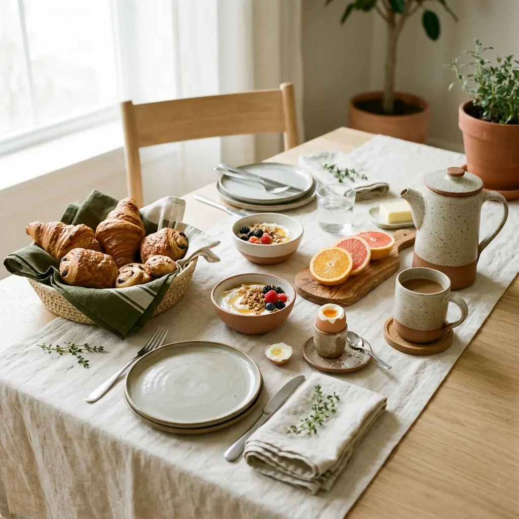 Una Mesa de Brunch con pastelería, fruta, mini sándwiches y jarras sobre un mantel claro.