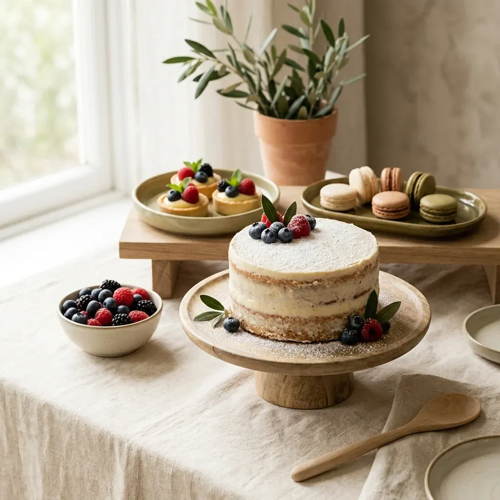 Una mesa de postres con un naked cake, bayas, tartaletas de fruta y macarons.