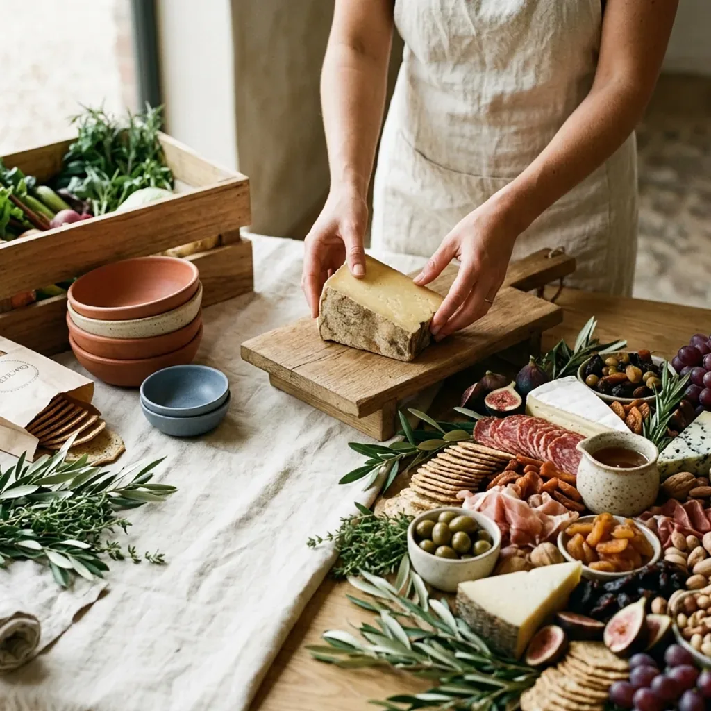 Una grazing table a medio montar: manos con delantal de lino colocando una cuña de queso sobre una tabla de roble elevada, con un cajón de verduras y frutas, cuencos de terracota apilados y un tramo de lino aún sin llenar.