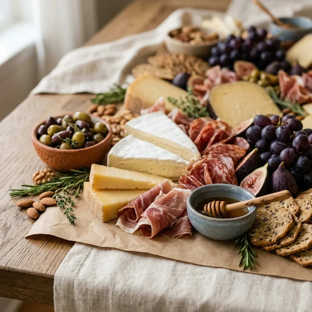 Una vista cercana del borde de una grazing table: cuñas de cheddar y brie, pliegues de embutido, uvas oscuras e higos partidos por la mitad, un cuenco de terracota con aceitunas, un cuenco azul pequeño de miel con un cucharón de madera, almendras, romero y galletas saladas con semillas al borde del papel kraft.