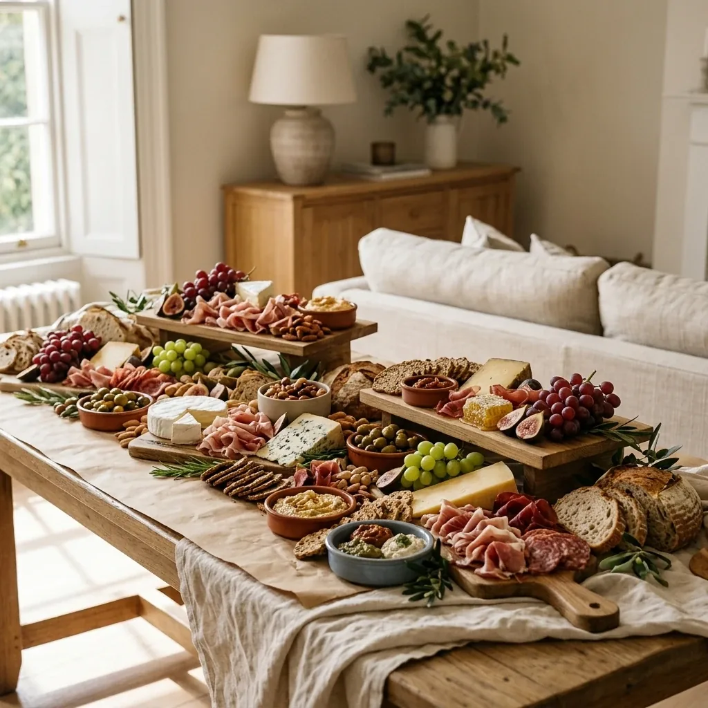 Una grazing table de gran formato en una sala de estar, vista desde un extremo: quesos, pliegues de embutido, uvas, higos, aceitunas, galletas saladas y panes sobre papel kraft y lino, con tablas de roble elevadas sobre bases, un sofá de lino detrás y una ventana a la izquierda.