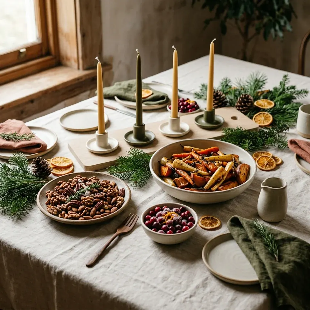 A winter table with tall taper candles, roasted vegetables, nuts, cranberries, dried orange slices and pine sprigs.