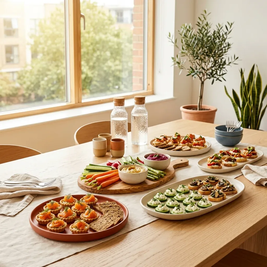 A reception spread on a pale office table: tartlets, topped crostini, crudités with dips, water carafes and an olive tree by the window.
